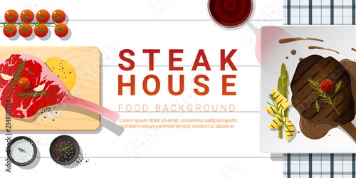 Raw fresh meat and grilled meat tomahawk steak on white table , healthy food background , vector , illustration