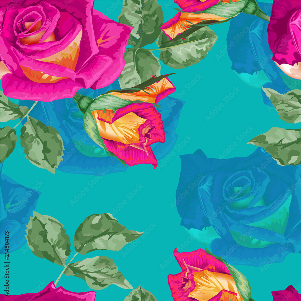 Roses seamless pattern on turqouise background,Vintage styles