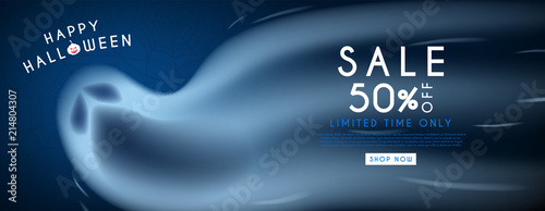 Web banner for Halloween sale. Vector illustration with realistic ghost on dark blue background with spider web pattern. Seasonal offer with discount.