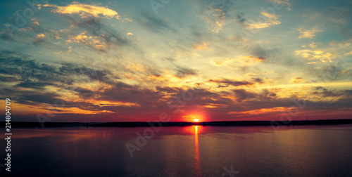Aerial panoramic view of sunset on the lake