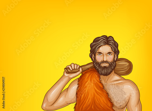 Vector pop art caveman in fur loincloth, wooden club isolated on yellow background. Strong male character of prehistoric, stone age. Illustration for ad poster, promo banner