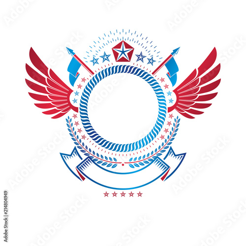 Graphic winged emblem created using pentagonal star and empty copy-space. Heraldic Coat of Arms, vintage vector logo.