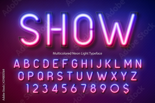 Neon light alphabet, multicolored extra glowing font