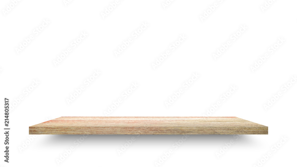 Empty top wooden table shelves with isolated on white background.Counter for display or montage of product. Empty top wooden table shelves with isolated on white background.Counter for display or montage of product.
