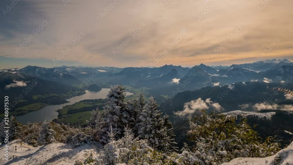 Time lapse overlooking St Wolfgang from the Zwölferhorn in Austria, panning across a beautiful snow covered, mountain landscape. Time lapse overlooking St Wolfgang from the Zwölferhorn in Austria, panning across a beautiful snow covered, mountain landscape.