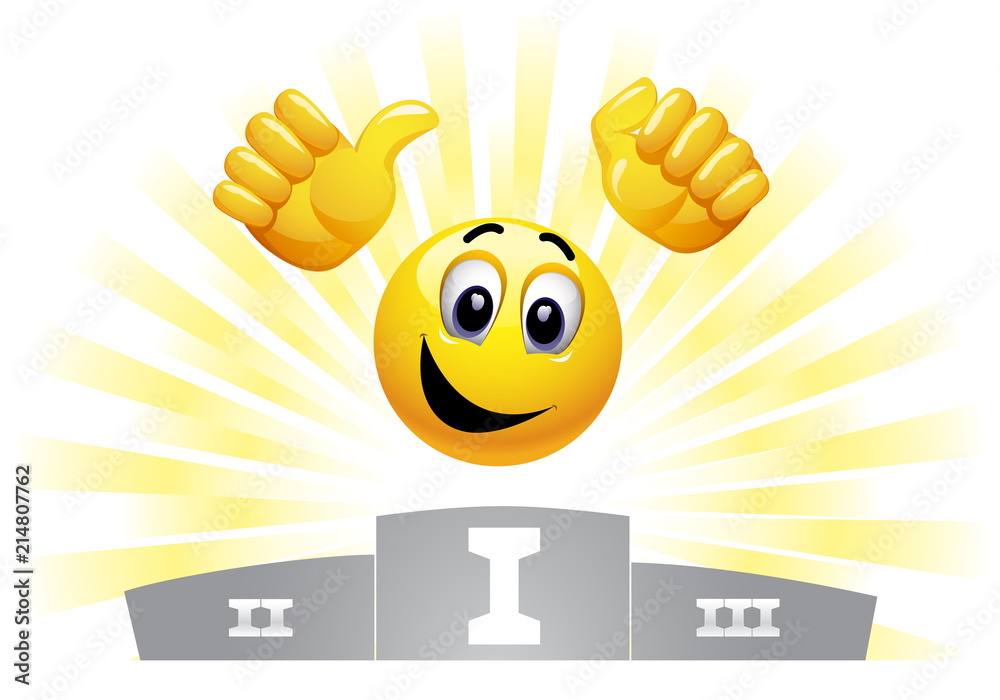 Smiley emoticon in the winners podium. Smiley take first place. Stock