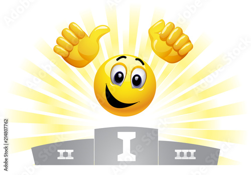 Smiley emoticon in the winners podium. Smiley take first place.