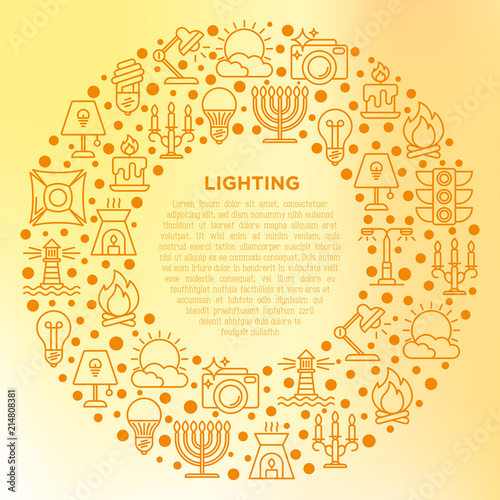 Lighting concept in circle with thin line icons: bulb, LED, CFL, candle, table lamp, sunlight, spotlight, flash, candelabrum, bonfire, menorah, lighthouse. Vector illustration, print media template.
