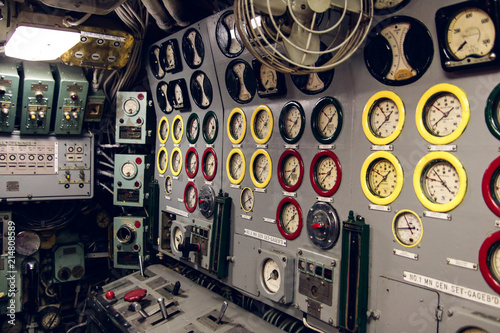 Machines and mechanisms inside navy ship. Old technologies. Military gears