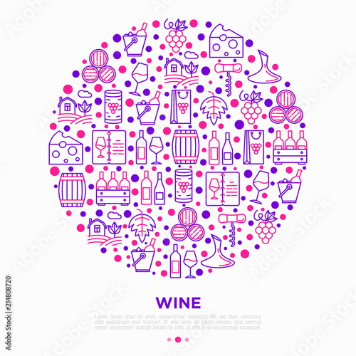 Wine concept in circle with thin line icons: corkscrew, wine glass, cork, grapes, barrel, list, decanter, cheese, vineyard, bucket, shop, delivery. Modern vector illustration, print media template.
