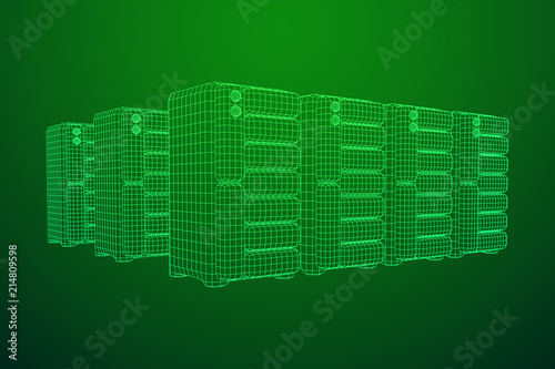 Hardware equipment telecommunication server. Data center storage room object. Computer database tower. Internet industry cluster. Wireframe low poly mesh vector illustration