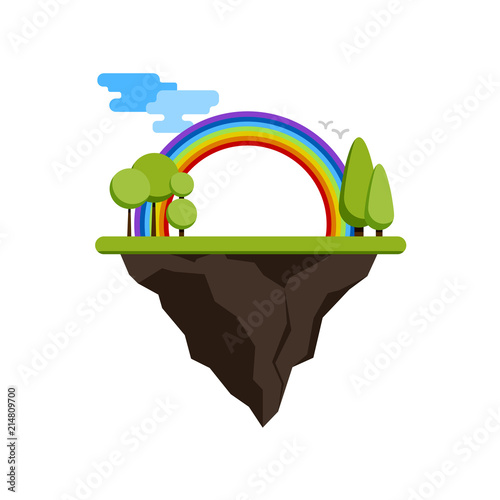 Floating island with a rainbow and trees.