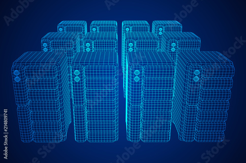Hardware equipment telecommunication server. Data center storage room object. Computer database tower. Internet industry cluster. Wireframe low poly mesh vector illustration