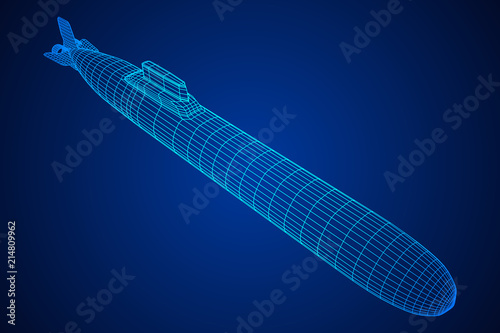 Military atomic submarine underwater boat. Wireframe low poly mesh vector illustration © newb1