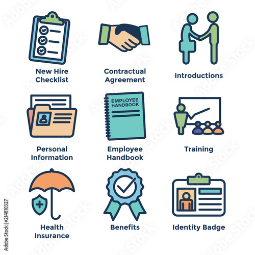 New Employee Hiring Process icon set   w checklist, handshake, training, etc