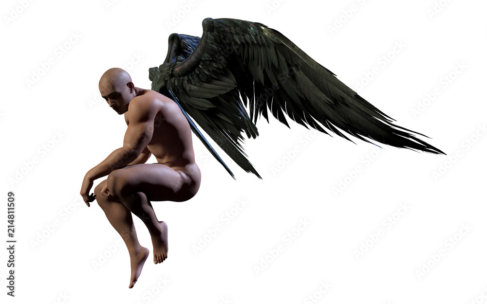 Naklejka premium 3d Illustration Demon Wings, upierzenie czarne skrzydło na białym tle na białym tle ze ścieżką przycinającą.