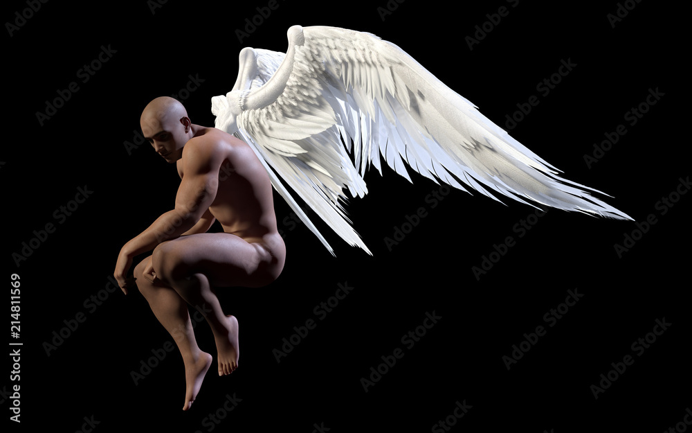 Obraz premium 3d Illustration Angel Wings, upierzenie białe skrzydło na białym na czarnym tle ze ścieżką przycinającą.
