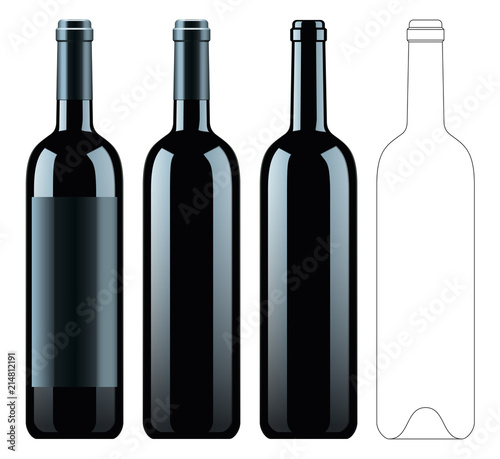 Realistic vector illustration of black wine bottle Isolated on white background. Front view of the wine bottle with label, bottle without label and linear technical drawimg of the wine bottle.