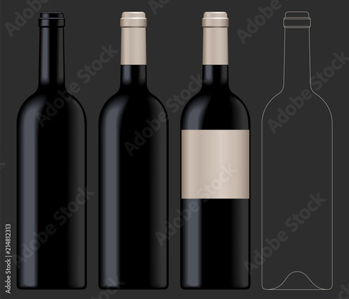 Realistic vector illustration of black wine bottle Isolated on dark background. Front view of the wine bottle with label, bottle without label and linear technical drawimg of the wine bottle.