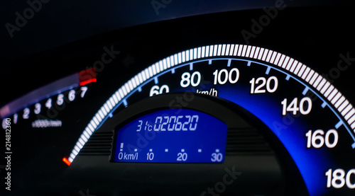 Tableau sur toile Blue car speed meter console dashboard panel
