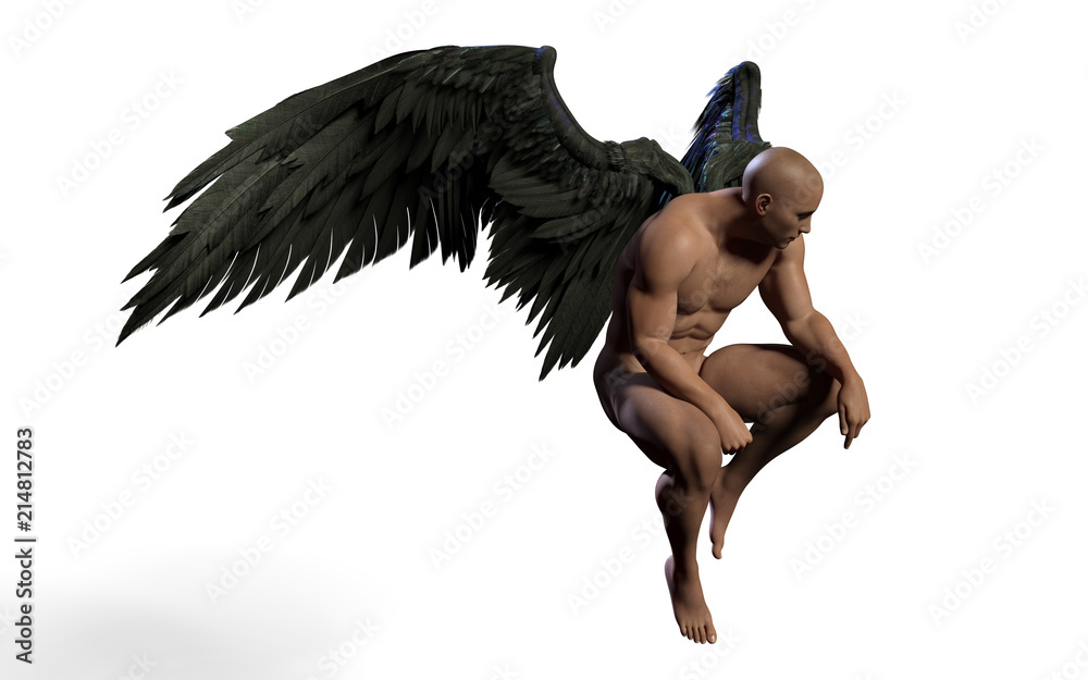 Naklejka premium 3d Illustration Demon Wings, upierzenie czarne skrzydło na białym tle na białym tle ze ścieżką przycinającą.