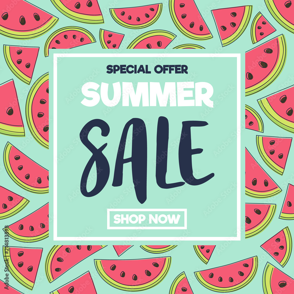 Concept of banner with watermelons for Summer Sale. Vector.