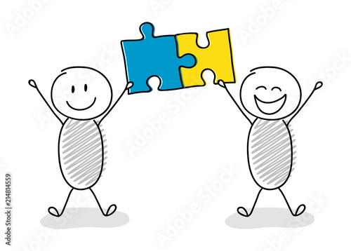 Happy stickman setting up puzzles - business concept. Vector.