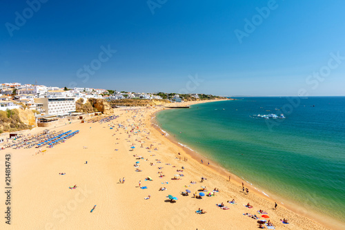 view on sandy beach in Albufeira in Algarve, Portugal