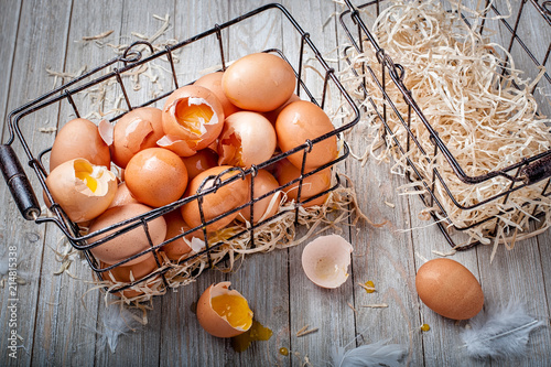 Visual metaphor/proverb: Don't put all of your eggs in one basket with cracked eggs