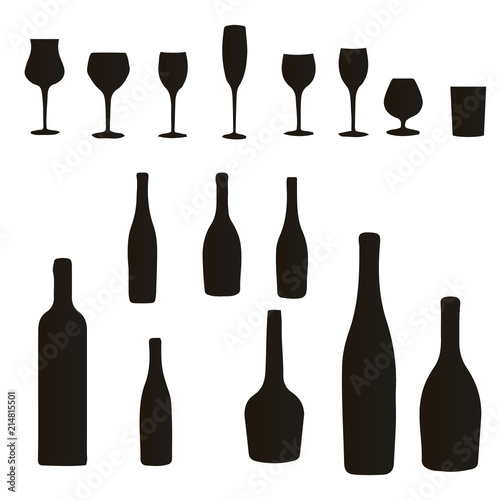 Silhouette of a collection of bottles and wine glasses with a cocktail, on white background, for design,