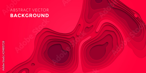 Papercut geometric topography pattern on red 3D multi layer background with geometric pink red liquid gradient