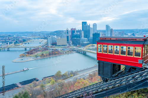 View of historic Duquesne Incline car and Pittsburgh panorama from the observation deck photo