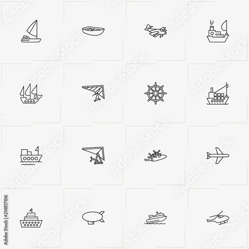 Air And Water Transport line icon set with helicopter, boat and airship
