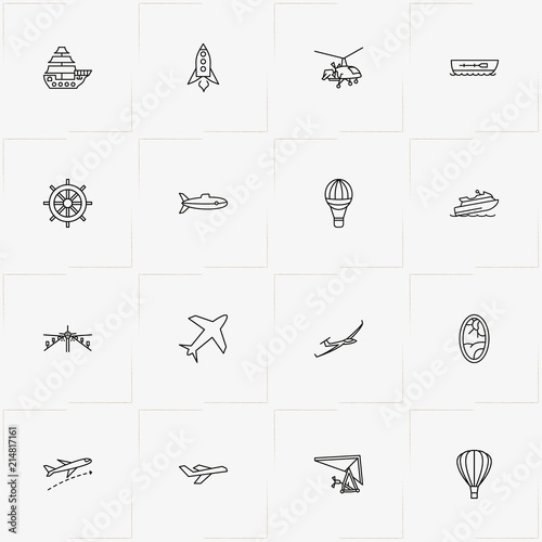 Air And Water Transport line icon set with space ship, submarine and hang glider