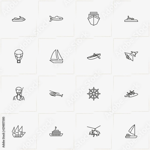 Air And Water Transport line icon set with boat, air balloon and airplane