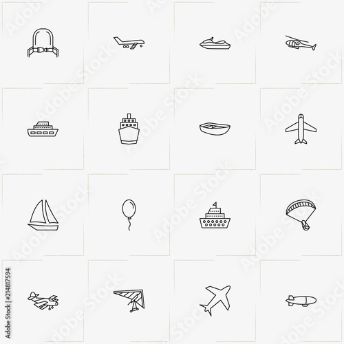 Air And Water Transport line icon set with air balloon, hang glider and yacht