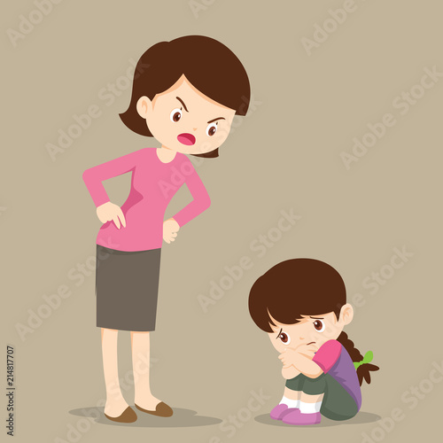 mother scolding sad children girl