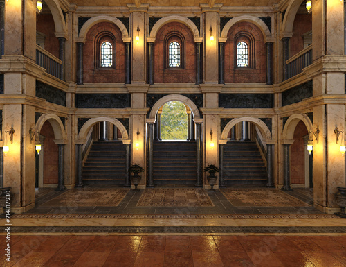 Fotografering 3d render of a luxury palace interior decorated with black and golden marble