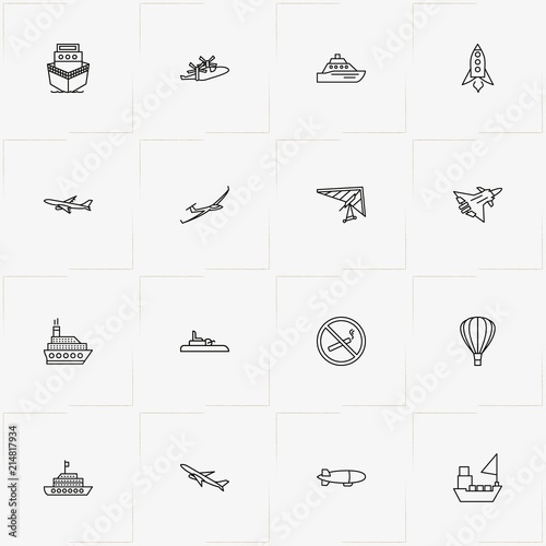 Air And Water Transport line icon set with hang glider, air balloon and airship