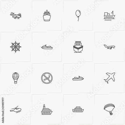 Air And Water Transport line icon set with airplane, airplane escalator and hand wheel