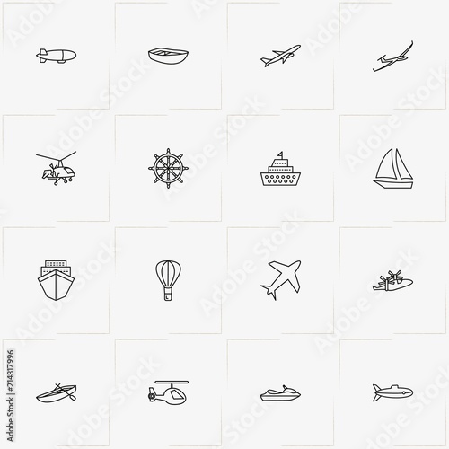 Air And Water Transport line icon set with submarine, yacht and hand wheel