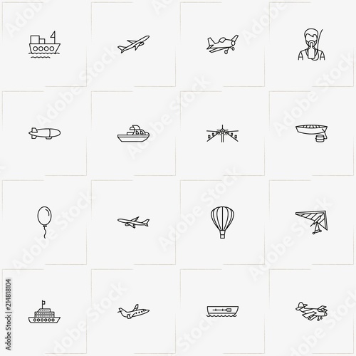 Air And Water Transport line icon set with airstrip, hang glider and yacht