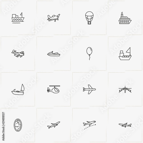 Air And Water Transport line icon set with ship, air balloon and helicopter