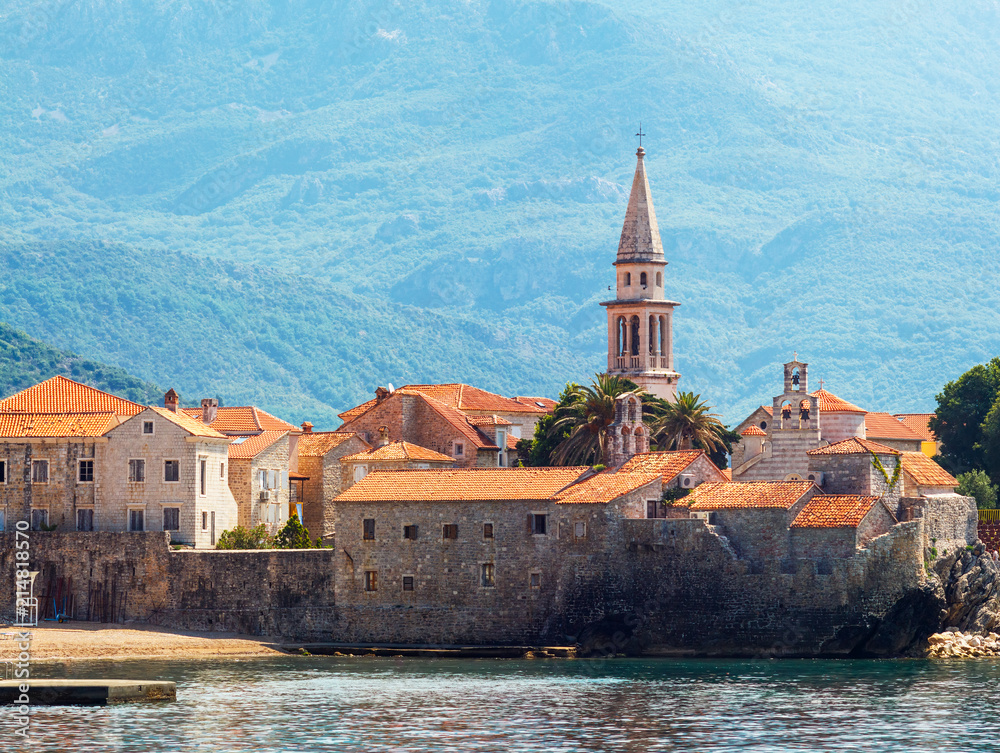 Close-up view, old and ancient city Budva at Adriatic sea coastline in Montenegro. cityscape background