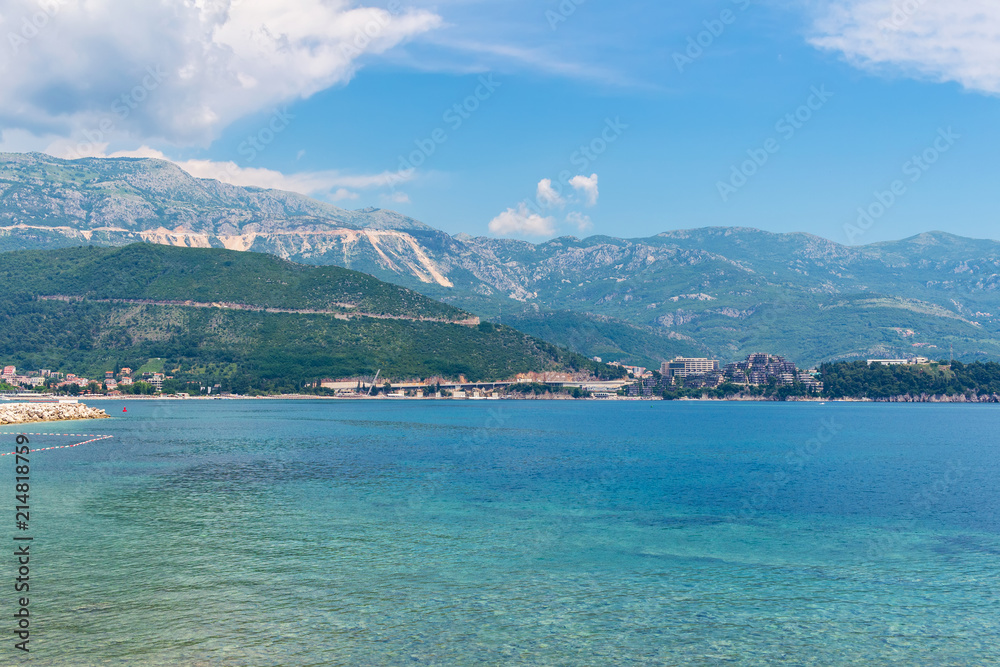 Adriatic sea coastline and Budva city at Montenegro, mediterranean summer seascape, nature landscape, vacations to the summer paradise