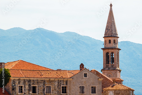 Close-up view, old and ancient city Budva at Adriatic sea coastline in Montenegro. cityscape background