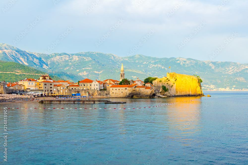 View to the old city Budva on Adriatic sea coastline at Montenegro. summer seascape background