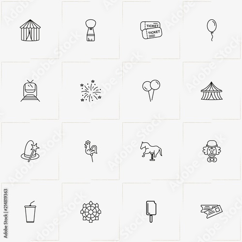 Amusement Park line icon set with air balloon, juice cup and clown
