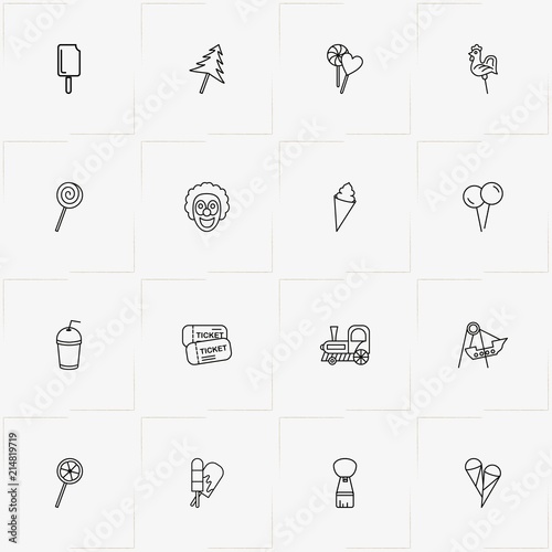 Amusement Park line icon set with lollipop, air balloon and juice cup