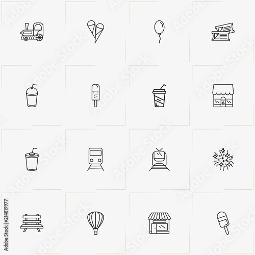 Amusement Park line icon set with fireworks, ice cream and air balloon